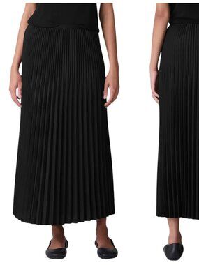 Eileen Fisher Black Pleated Midi Skirt Wool Silk Elastic Waist S NWT